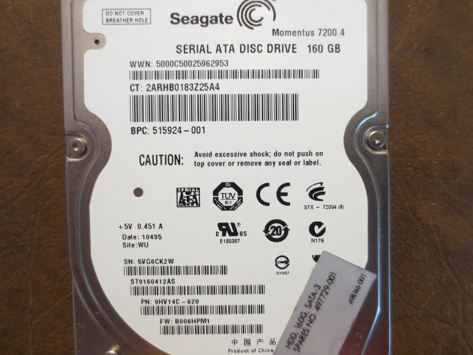 Seagate ST9160412AS 9HV14C-620 FW:B006HPM1 WU 160gb 2.5" Sata Hard drive - Image 1 of 1