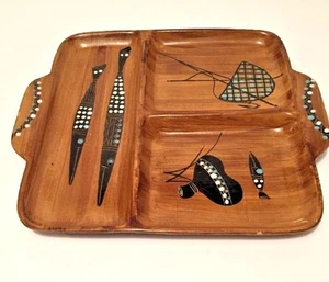 Plato dividido de cerámica de mediados de siglo pintado a mano aspecto de madera cestas de peces tribales - Imagen 1 de 10
