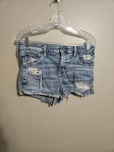 American Eagle High Rise Shortie Cuffed Ripped Distressed Stretch Jean Shorts 10 - Picture 1 of 11