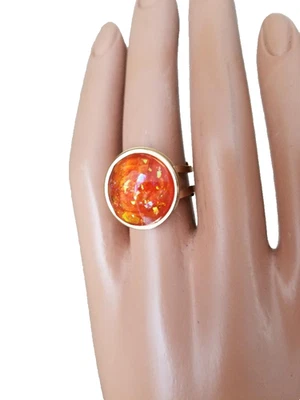 Opal Ring: Mexican Fire Opal 16mm Resin Faceted Opal in Stainless-Steel 18KGP - Image 1 of 4