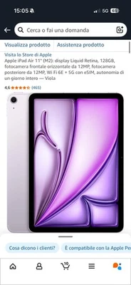 Apple iPad Air 2024 11" M2 Solo WiFi 128GB Tablet 6a Gen. Viola Usato Pochissimo - Immagine 1 di 4