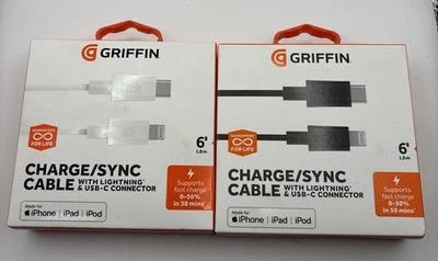 2PK Griffin Fast Char TYPE C / Sync Cable w/ Connector 6Ft BLK& WHT - Image 1 of 4