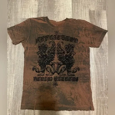 Affliction мужской короткий рукав желтовато-коричневый и черный крылья выгорания футболка - мужской L - Изображение 1 из 4