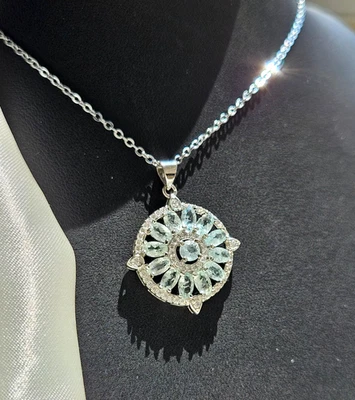 Lujoso Collar con Incrustación Natural Aguamarina Forma Circular Nuevo Mujer Moda Foto 1 de 4