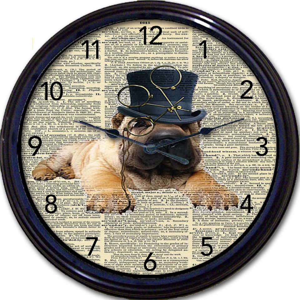 Steampunk Pug Dog Dictionary Wall Clock Victorian Gothic Goth Vintage Monocle  - Image 1 of 1