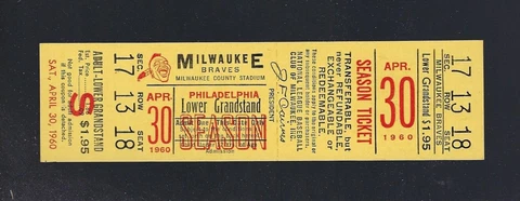 VINTAGE 1960 PHILADELPHIA PHILLIES @ MILWAUKEE BRAVES FULL BASEBALL TICKET 4/30 Cover