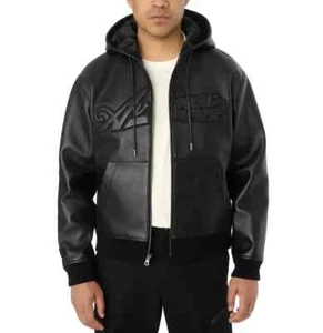 Avirex Men's Genuine Leather Hoodie Jacket USA Logo Classic Bomber Hooded Coat - Picture 1 of 9