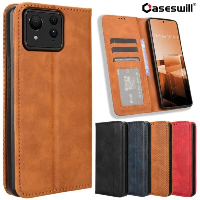 For Asus Zenfone 11 Ultra Retro Leather Card Holder Wallet Case+Screen Protector - Image 1 of 4