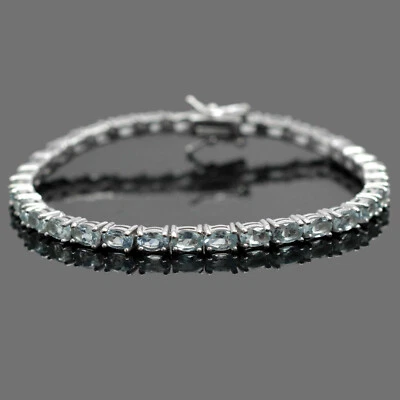 Теннисный браслет из стерлингового серебра 925 пробы с натуральным аквамарином овальной огранки 5x3 мм - Изображение 1 из 4