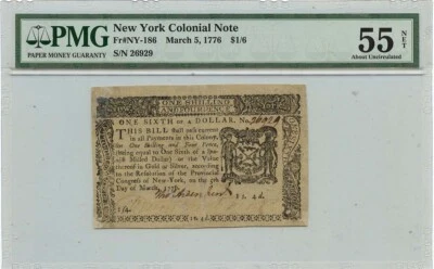 1776 March 5, $1/6 New York Colonial Note FR#NY-186 PMG AU55 - Image 1 of 2