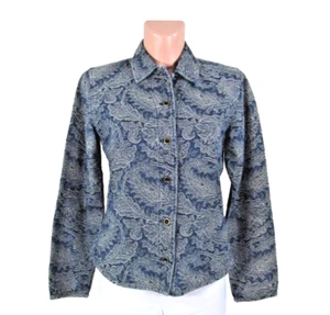 Chico's Gr. 0 US XS-4 Blau Brokat Langarm Knopfleiste Punktkragen Jacke - Bild 1 von 6