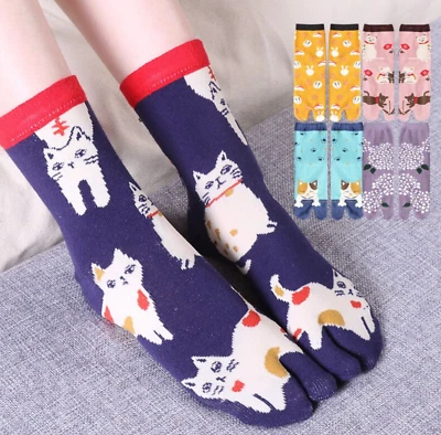 JAPANESE tabi split toe socks CAT Neko geisha geta zori kimono flip flops BLUE - Image 1 of 3