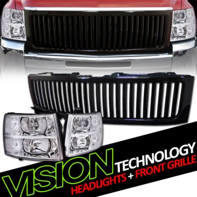Chrome Headlights Parking Nb+Black Vertical Front Grill For 07-13 Silverado 1500 - Image 1 of 2
