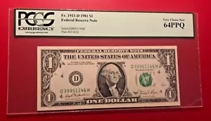 FR 1911 D 1981 $1 FEDERAL RESERVE NOTE PCGS CURRENCY VERY CHOICE NEW 64PPQ - Picture 1 of 2