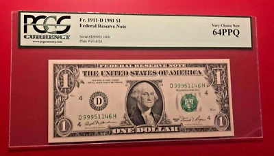 FR 1911 D 1981 $1 FEDERAL RESERVE NOTE PCGS CURRENCY VERY CHOICE NEW 64PPQ - Image 1 of 2