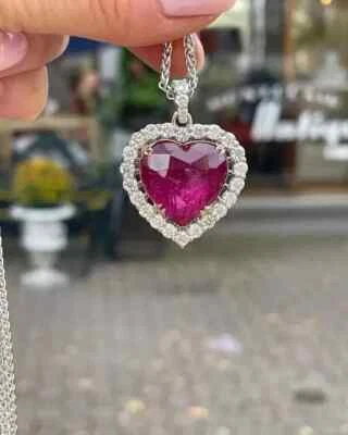 2CT Heart Cut Lab Created Red Ruby Diamond Halo Pendant In 14K White Gold Plated - Image 1 of 4