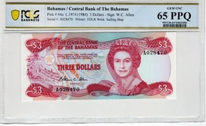 Bahamas 1974 1984 3 Dollars PCGS Banknote UNC 65 PPQ Pick 44a - Picture 1 of 2