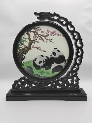 Vintage Chinese Panda Double Sided Silk Embroidery Wood Screen Turns 12" x 11.5" - Image 1 of 4