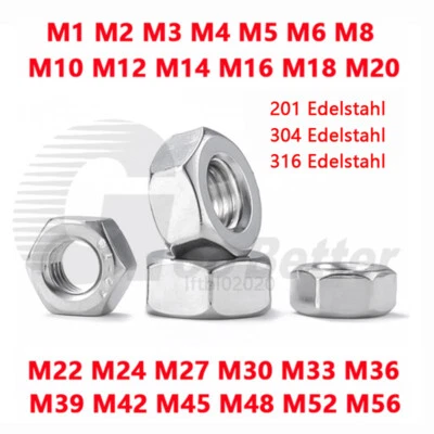 Sechskantmuttern Muttern Edelstahl A2/A4 DIN 934 M2 M3 M4 M5 M6 M8 M10 M12~M64 - Bild 1 von 4