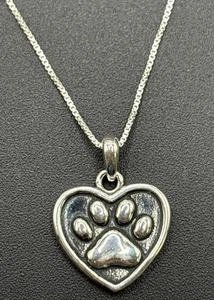 18" New Condition Sterling Silver Paw Print Heart Pendant Necklace 925 - Picture 1 of 12
