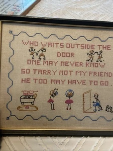 Vintage Crosstich Needlepoint Framed Dancers Women Apply Makeup Signed Dated - Picture 1 of 9