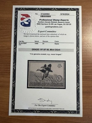 SCOTT: US # RW7 DUCK STAMP MINT OG NH PSE GRADED CERT VF-XF 85 - Image 1 of 4