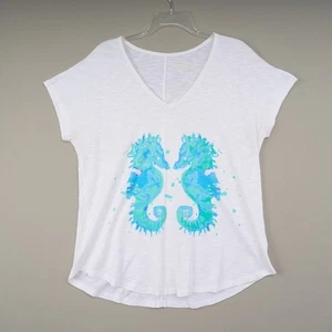 Camisa Lilly Pulitzer Azul Caballitos de Mar Manga Corta Cuello en V Costero Algodón Pima - Imagen 1 de 8