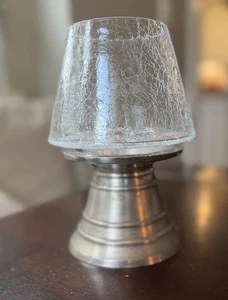 Vintage Pottery Barn Silber Stumpenkerzenständer Crackle Glasabdeckung, Indien 7,5" - Bild 1 von 5