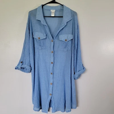 Túnica Dotti Gauzy Azul Botón Mujer 2X Ligera Costera Cabrichosa 100% Algodón Foto 1 de 4