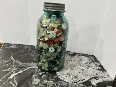 Antique Ball Perfect Mason Jar Filled With Old Buttons. 9.5” Tall Blue Jar - Image 1 of 4