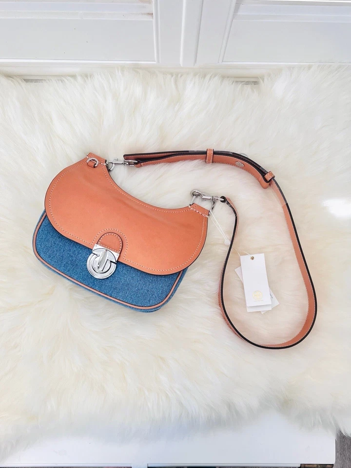 NWT Tory Burch James Small Tan and Denim Saddle crossbody Bag $548 Authentic - Image 1 of 4