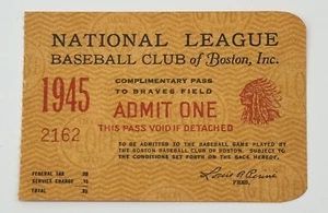 Boleto Boston Braves Pass 1945 Tommy Holmes MVP/BA 352/224 hits/37 hit streak⚾️ - Imagen 1 de 2