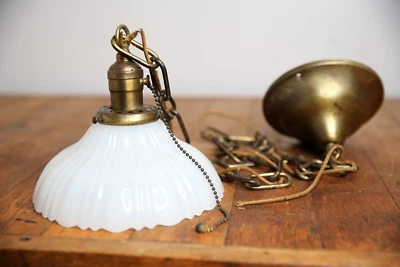 Antique Brass Ceiling Light Fixture Milk Glass Shade Industrial Pendant Vintage - Image 1 of 4