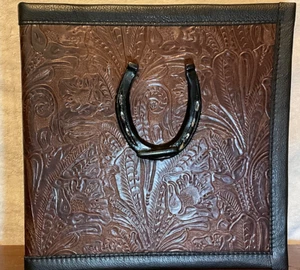STEEL PONY SHOE ON CHOCOLATE WESTERN FLORL LEATHER 2" SLANT 3 RING BINDER - Picture 1 of 3