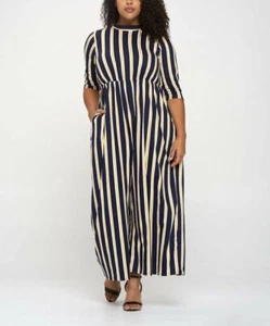 LIVD Apparel Navy & Gold Stripe Three-Quarter Sleeve Pocket Wide-Leg Jumpsuit 1X - Picture 1 of 1