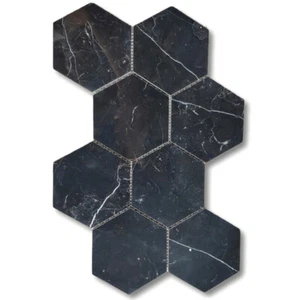 N35XP Polished 5" Hexagon Nero Marquina Black Marble Wall Floor Mosaic Tile - Picture 1 of 5