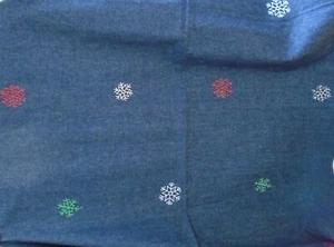 Blue Denim Look FABRIC 60" Wide X 20" Silver, Red, Green Embroidered Snowflakes - Picture 1 of 2