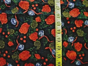 CHRISTMAS FLORAL PINE CONE JINGLE BELL PRINT 100% COTTON FABRIC BY THE YARD   - Picture 1 of 1