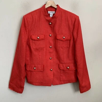 Judith Hart Jacket Coral Textured Fringe Trim Gold Buttons Pockets Lined Size 16 - Image 1 of 4