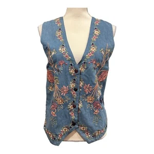 Vintage Asapo Vest Womens S Denim Floral Embroidered Boho Cottagecore Festival - Picture 1 of 8