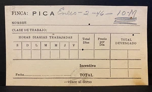 Puerto Rico 1940s, FINCA PICA, GUAYAMA, Formulario Horas Trabajo Empleado - Picture 1 of 2