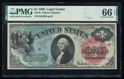 FR.18 1869 $1 MONEDA DE CURSO LEGAL PMG66 EPQ GEMA SIN CIRCULAR "BILLETE ARCO IRIS" Foto 1 de 2