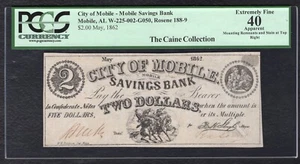 1862 $2 CITY OF MOBILE MOBILE SAVINGS BANK ALABAMA OBSOLETE NOTE PCGS EF-40 - Picture 1 of 2
