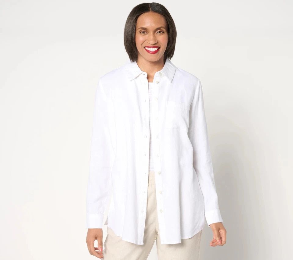 Túnica Denim & Co. Naturals mistura de linho pequena com botão frontal branca M nova - Imagem 1 de 1