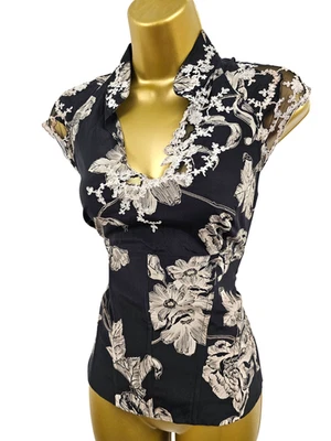 Vintage Karen Millen 12 UK Silk Black Oriental Floral Lace Corset Top Blouse - Image 1 of 4
