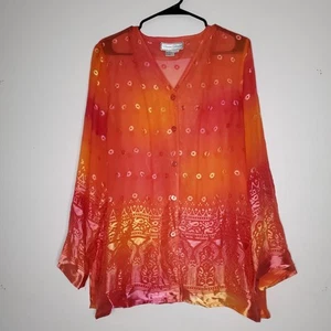 Diane Gilman Womens Silk Blend Blouse Sheer Large Boho Chic Vibrant Flowy Chic - Picture 1 of 13