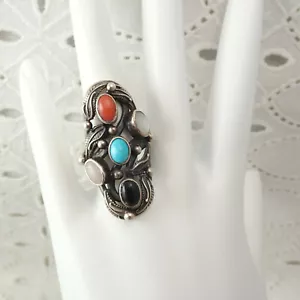 Navajo Nakai Multi Stone Elongated Sterling Leaf Accent Size 6 1/2 Ring 9.4 gr - Picture 1 of 10