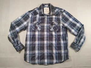 AMERICAN EAGLE Western Shirt Men's L Blue Gray Plaid Buttons Pearl Snaps - Picture 1 of 12