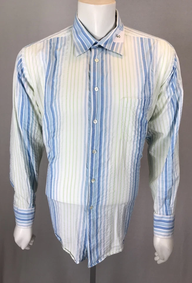 Men’s Martin Gordon XL White Pastel Blue & Green 100% Cotton L/S Shirt - Image 1 of 4