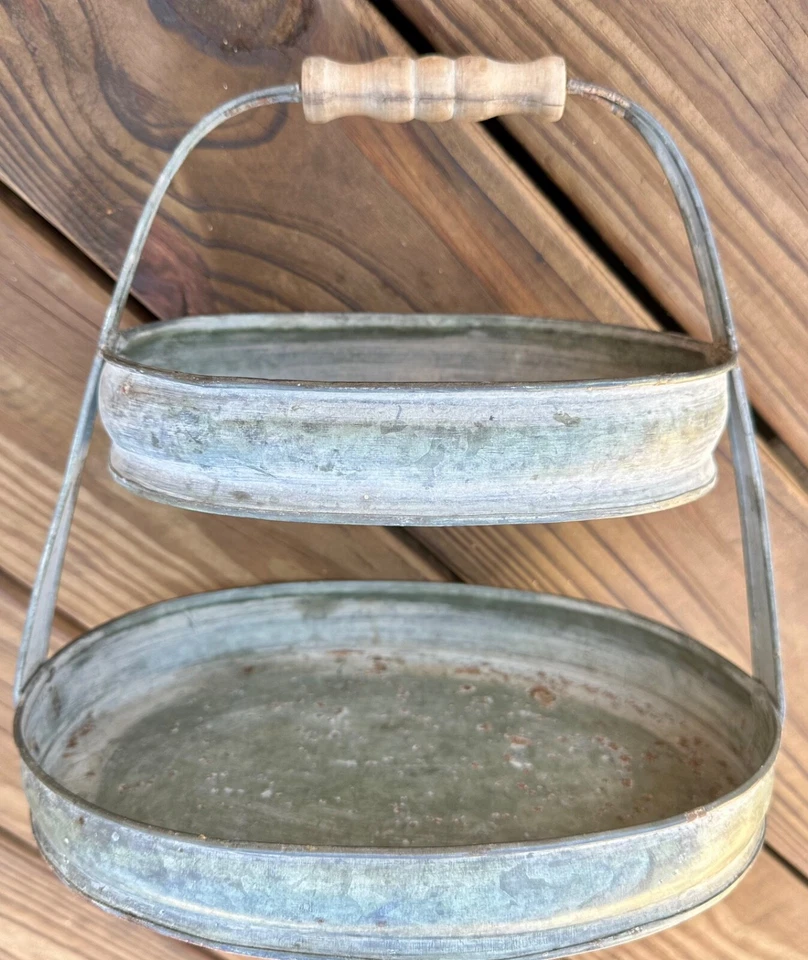 Vintage Galvanized 2-Tiered Rustic Oval Trays w/ Wood Handle No Holes 11" Wide - Image 1 of 4